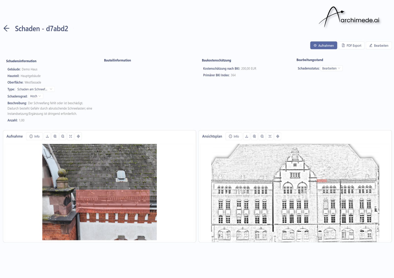 Archimede-Cloud-Plattform: Schadensdetailansicht eines beschädigten Schneefangs mit Bewertung, Kostenschätzung und Verortung